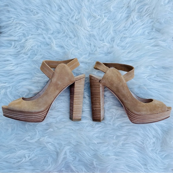 Pelle Moda Nude Neutral Tan Suede Open Peep Toe High Heel Sandal - Picture 2 of 16